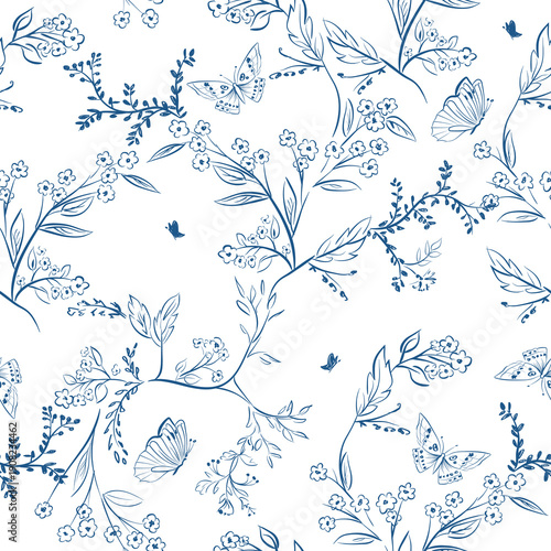 Seamless blue and white floral pattern with butterflies. Hand drawn vintage toile sketch background. Porcelain botanical textile design.