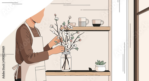 Woman Arranging Flowers in Jar, Minimalist Floral Illustration, Home Decor