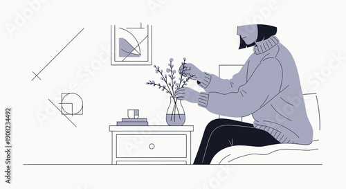 Woman Arranging Flowers in Minimalist Bedroom Illustration