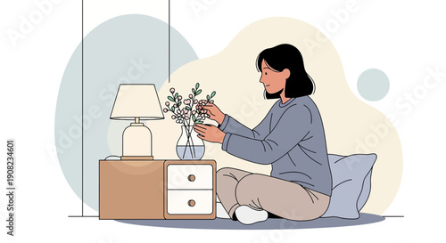 Woman Arranging Flowers in Vase Beside Bedside Table Lamp - Cozy Home Scene