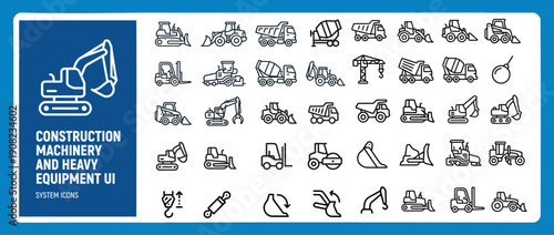 Construction Machinery Line Icons – Heavy Equipment, Industrial Vehicles and UI System