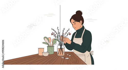 Woman Arranging Flowers in Vase - Minimalist Illustration