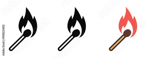 Various match icons featuring burning flames in different styles including outline solid and colorful representation