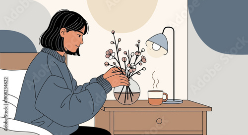 Woman Arranging Flowers in Vase Beside Bedside Table with Lamp and Coffee