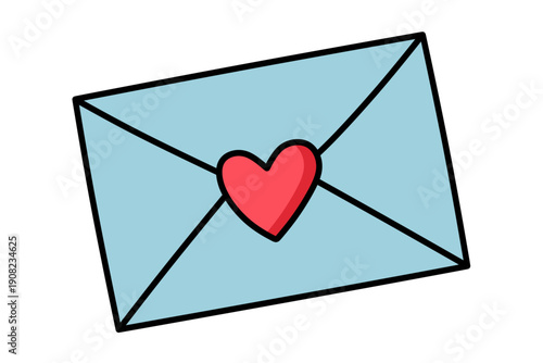 vector illustration: light blue postal letter envelope closed with a red heart sticker for valentines gift card and love isolated on white or transparent png
