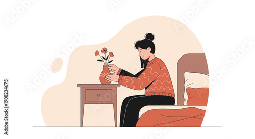 Woman arranging flowers in vase on bedside table, minimalist bedroom interior