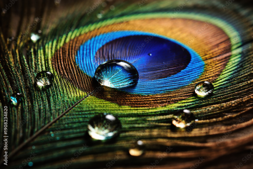 Fototapeta premium Peacock feather eye with water droplets in extreme macro detail.