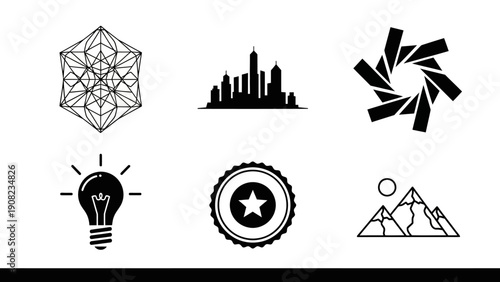 Set of 6 Black and White Icons: Geometric Shape, Cityscape, Aperture, Lightbulb, Emblem, Mountains