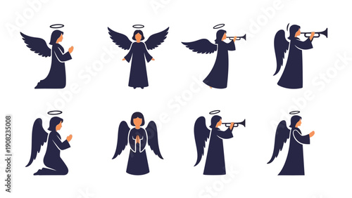 Set of Angel Icons: Praying, Flying, and Playing Trumpet