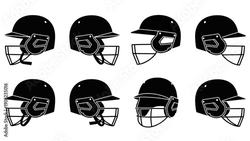 Set of Baseball Batting Helmets with Face Cages - Black Icons