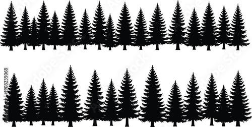 Seamless pine forest silhouette landscape with dense evergreen conifer trees, black woodland horizon illustration isolated on white background for nature, wilderness and outdoor design