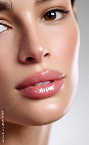 Close up of female lips with pink gloss smooth skin natural makeup soft lighting beauty sensual healthy youthful elegance