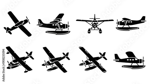 Set of Black and White Silhouettes of Seaplanes and Floatplanes