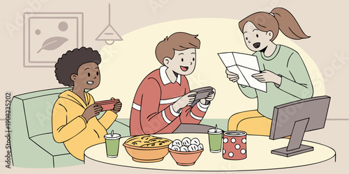 A group of young people are enjoying an evening playing video games together while consuming snacks and drinks in a relaxed living room setting.