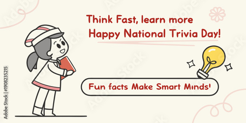 Young girl holds a book, celebrating National Trivia Day with text promoting quick thinking and fun facts for smart minds, alongside a bright lightbulb icon.