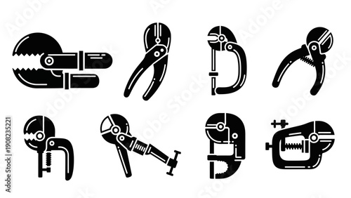 Set of Black Icons: Pliers, Clamps, and Grips - Tools for Repair and Construction