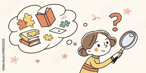 Young girl holding a magnifying glass examines thoughts about books and jigsaw puzzles appearing in a thought bubble above her head.