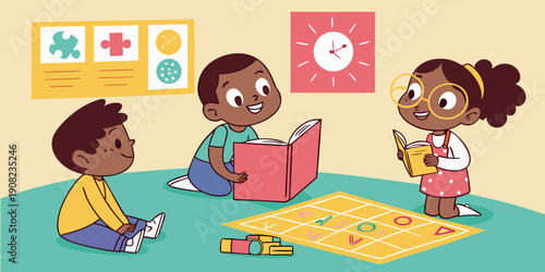 Young children happily engrossed in reading books and playing a stimulating board game on the floor, surrounded by educational visuals in a bright, inviting room.
