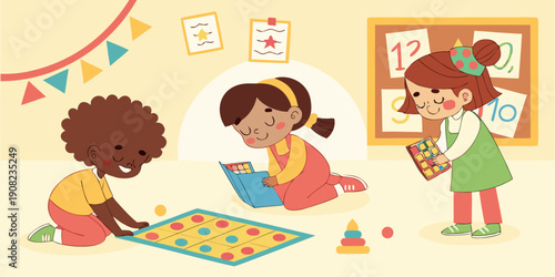 Children actively engaging in playful learning activities on the floor of a vibrant classroom, surrounded by educational toys and colorful decorations, fostering early development.