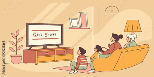 Family enjoying a cozy evening together, sitting on a comfortable couch and floor, attentively watching quiz shows on television in their warm living room.