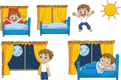 Cute cartoon boy daily routine set waking sleeping morning night isolated on white background illustration for kids education