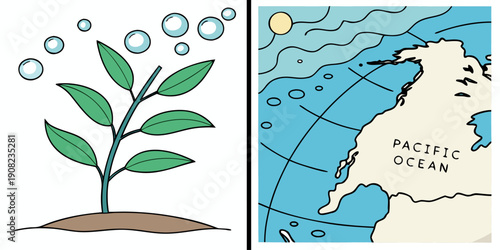 Scientific illustration displays a green plant releasing oxygen bubbles, representing photosynthesis, alongside a detailed global map highlighting the Pacific Ocean and Earth's geographical contours.