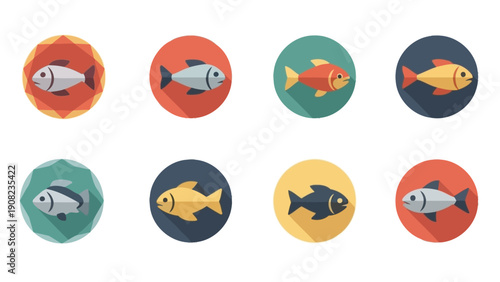 Set of Colorful Flat Fish Icons with Long Shadows