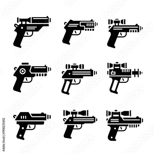 Set of Futuristic Sci-Fi Pistol Icons, Vector Illustrations