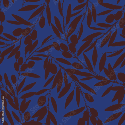 Olive tree branches seamless pattern with leaves and berries ink silhouettes in blue and dark brown. For food and drink background