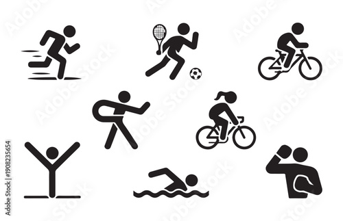 Collection of various sport icons in black and white depicting running, tennis, soccer, cycling, stretching, swimming, and boxing