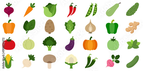 Flat vegetable icon collection colorful fresh organic food healthy vector set