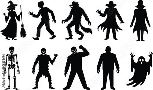 Halloween Monster Silhouette Set Vector Illustration Isolated on White Background, Witch, Werewolf, Vampire, Zombie and Ghost Characters Collection