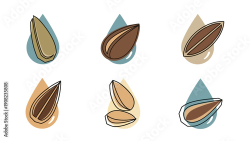 Set of Seeds and Water Droplets Icons: Healthy Food, Organic, Natural Ingredients