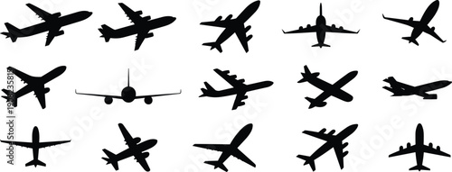 Collection of black silhouette airplanes in various flight positions on white background aircraft