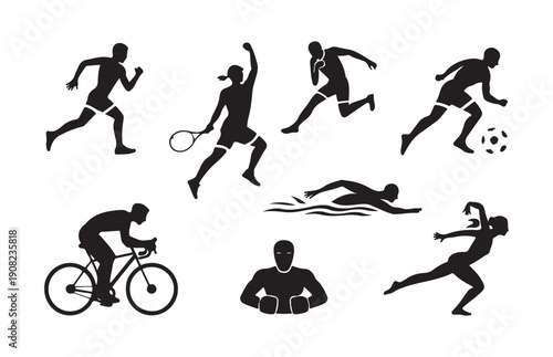 Dynamic sport silhouettes collection including running, tennis player with a racquet, sprinting, soccer, cycling, swimming, and boxing