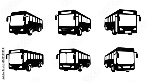 Set of Six Black Bus Icons in Different Perspectives
