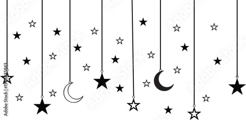 A whimsical illustration of stars and moons hanging from strings on a white background