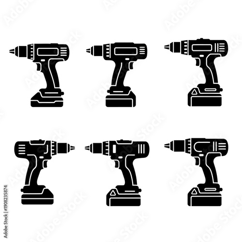 Set of Six Black Cordless Drills, Isolated on White Background
