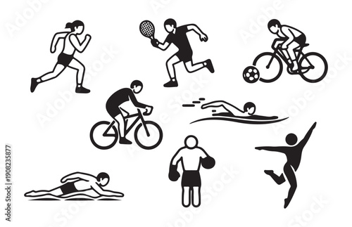 Outline style sport icons featuring a female runner, tennis and soccer player, male cyclist, swimmer, boxer, and dancer