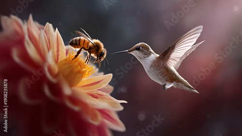 Macro honey bee and hummingbird sharing a flower in outdoor sunlight