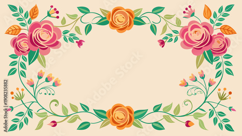 A beautifully intricate floral frame with vibrant colors and detailed patterns. Vector