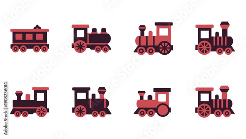 Set of Vintage Train Icons, Retro Locomotive Illustrations, Transportation Vector Graphics