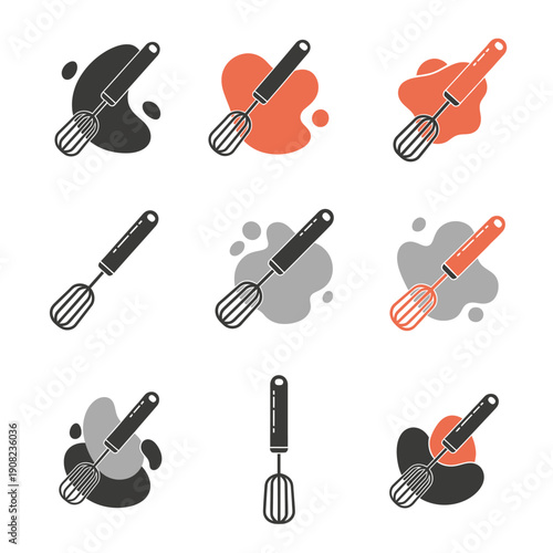 Set of Whisk Icons with Colorful Splashes, Kitchen Utensil Graphics