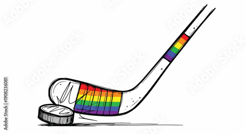 Sketchy illustration of an ice hockey stick featuring a vibrant rainbow pride flag pattern, striking a puck, representing LGBTQ+ sports inclusion.