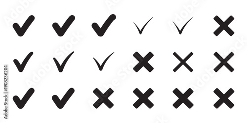 Black check marks and cross signs vector collection for voting design elements isolated on white background