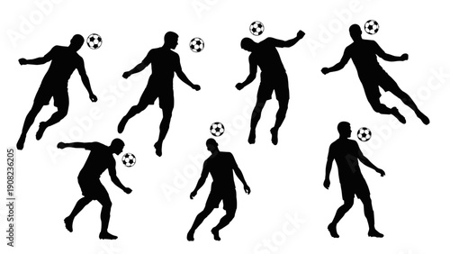 Soccer Players Silhouette Collection: Heading, Kicking, Jumping Action Poses