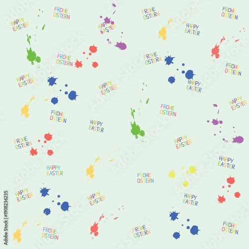 Seamless Easter pattern with bright colorful paint splashes and festive lettering “Happy Easter” and “Frohe Ostern”, isolated on transparent background. Playful spring holiday design suitable for wrap