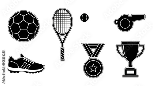 Sports Equipment Icons: Soccer Ball, Tennis Racquet, Whistle, Shoe, Medal, Trophy
