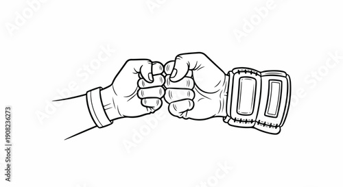 Two fists bumping, a line art illustration symbolizing friendship, teamwork, and agreement. Black and white graphic of a successful solidarity gesture.