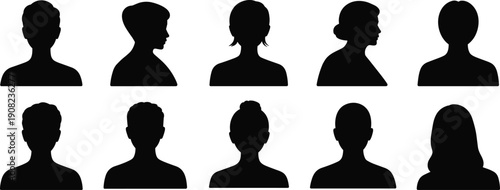 Collection of Black Silhouettes of Diverse Human Head and Shoulder Profiles Keywords: silhouette, head, shoulder, profile, woman